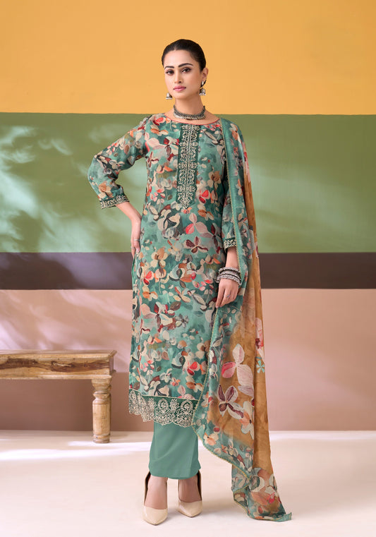 Pure Cotton Digital Print Unstitched Dress Material with Fancy Embroidery & Rayon Bottom