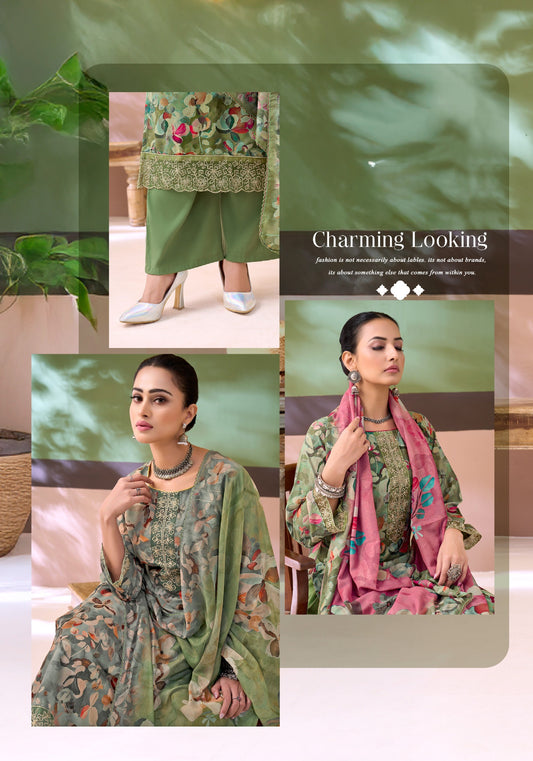 Pure Cotton Digital Print Unstitched Dress Material with Fancy Embroidery & Rayon Bottom