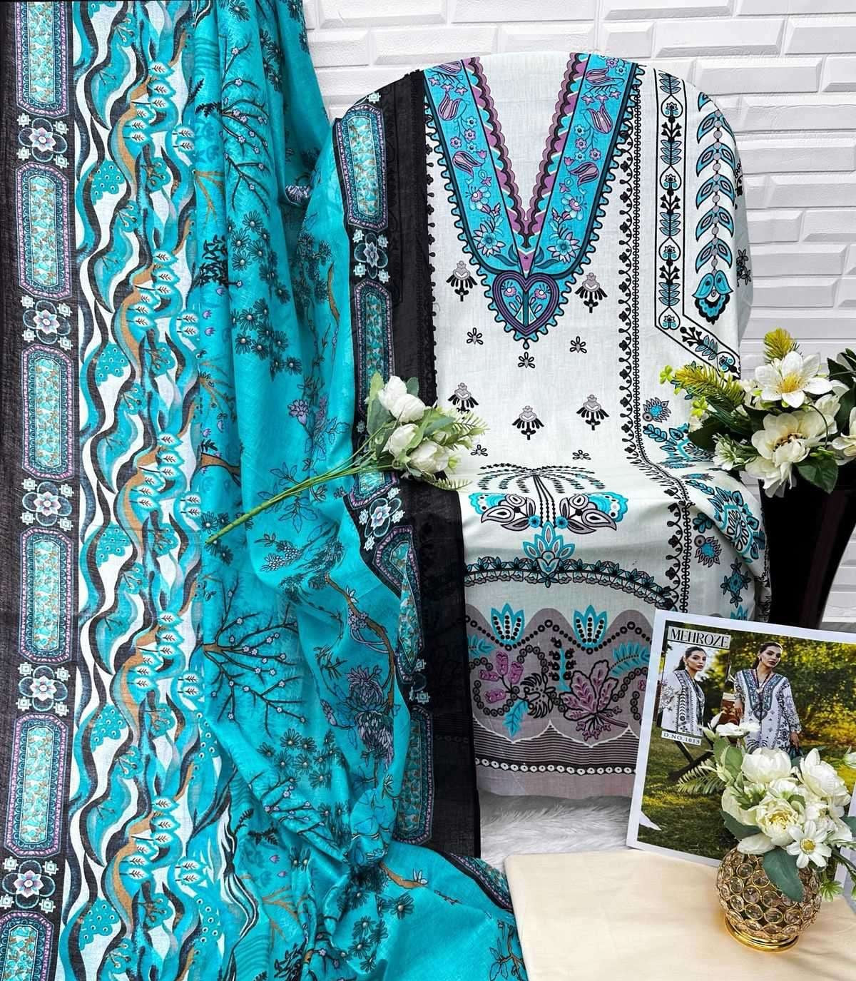 Elegant Digital Cotton Printed Suit in White & Turquoise - Unstitched 3-Piece Set
