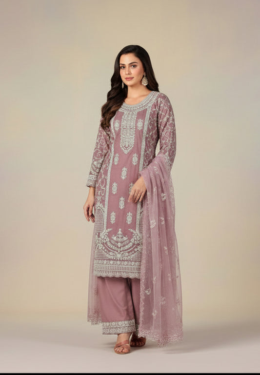 Elegant Mauve Net Embroidered Palazzo Suit with Dupatta – Festive & Wedding Wear