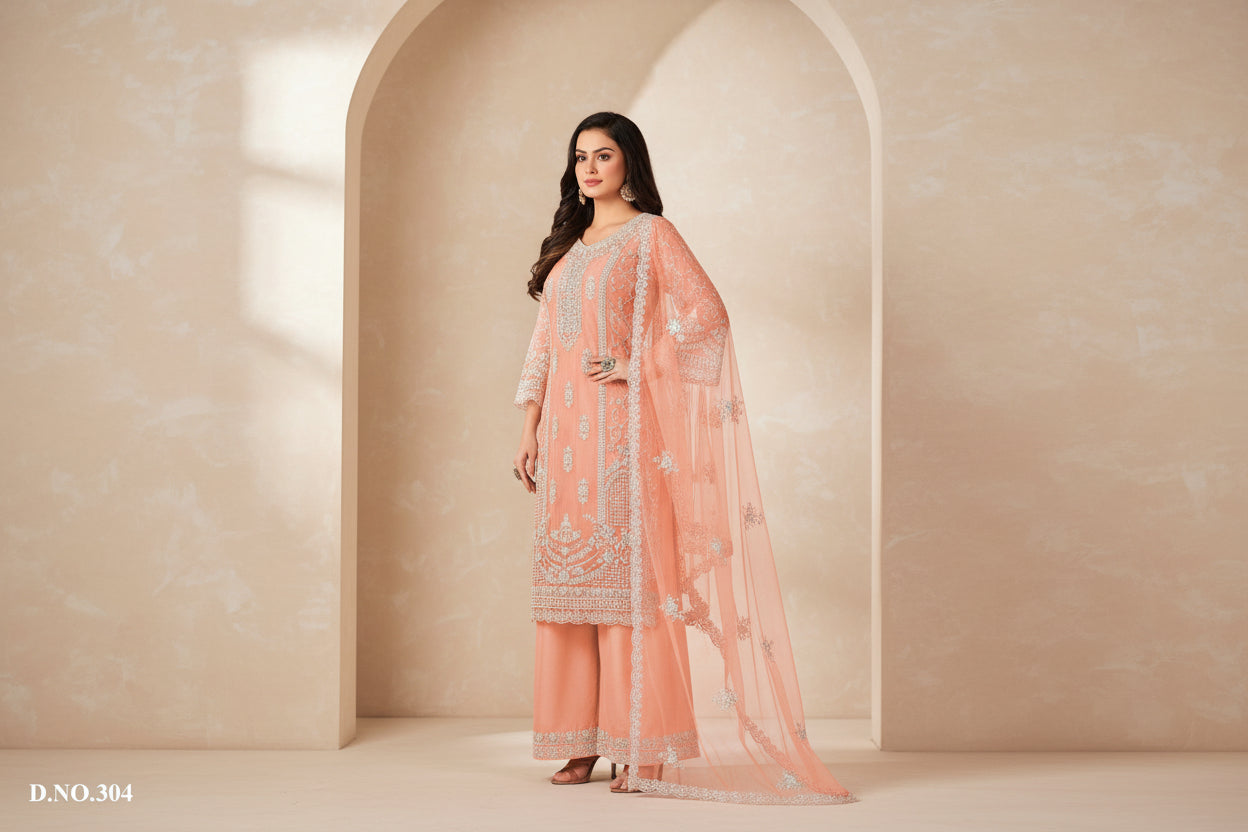 Elegant Peach Net Embroidered Suit with Palazzo & Dupatta – Festive & Wedding Wear