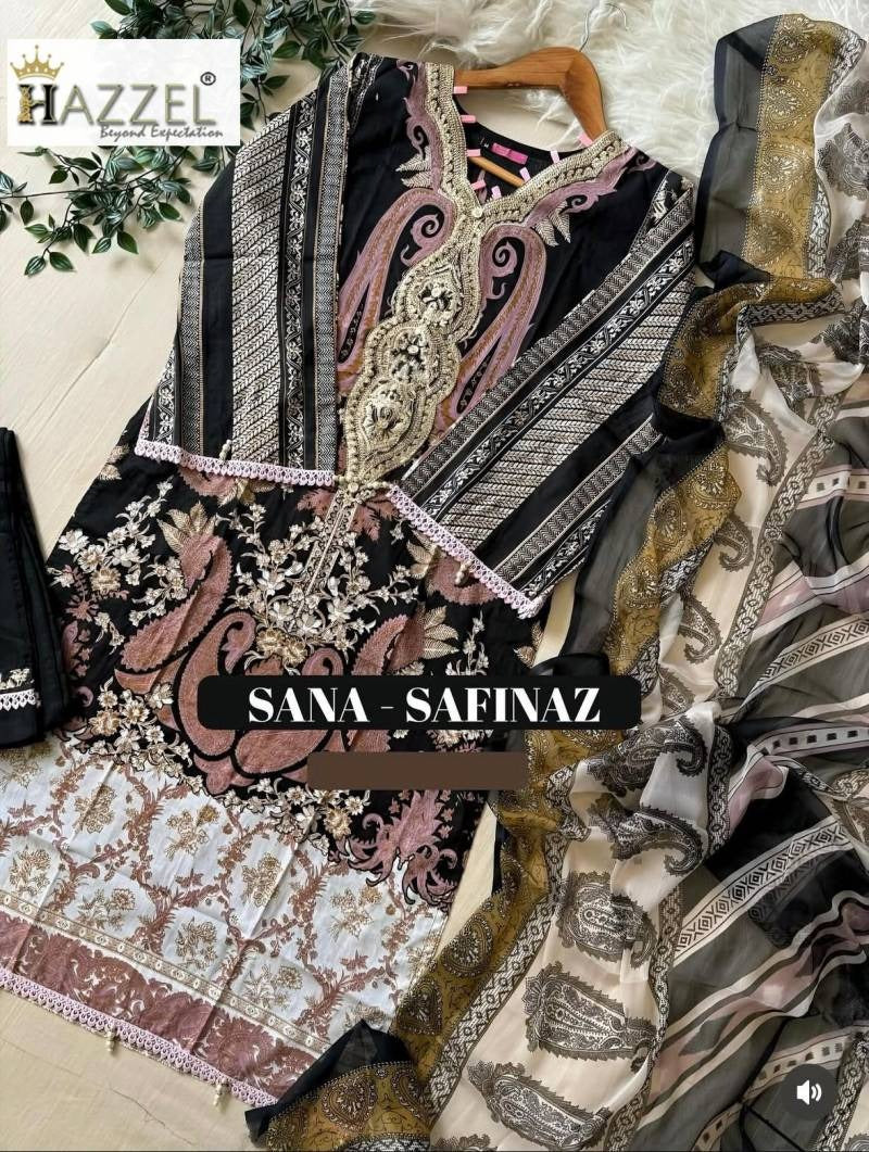 Elegant Embroidered Black & Beige Unstitched Suit with MAL MAL DUPATTA – Festive Ready