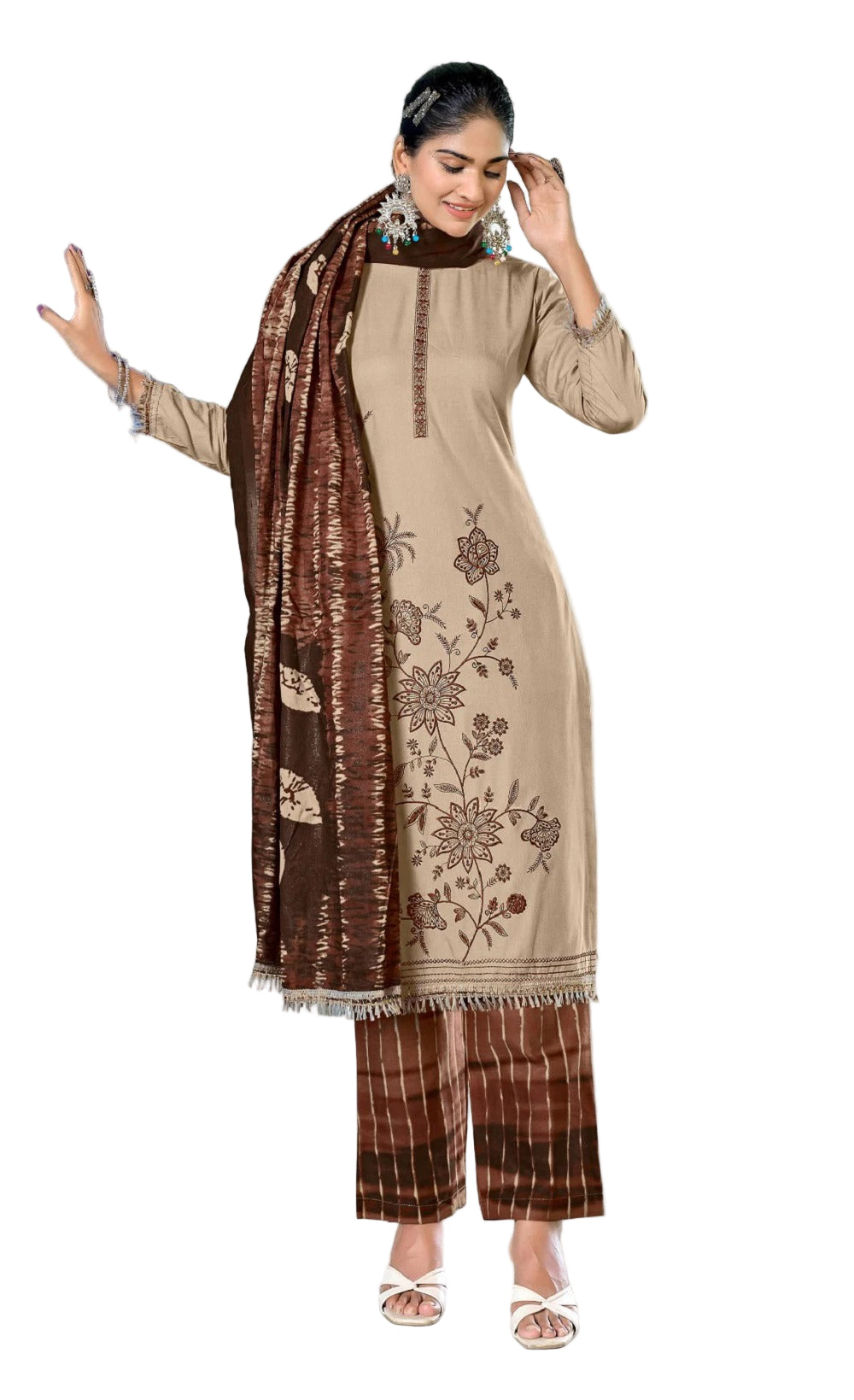 Unstitched Rayon Suit with Sequin Embroidery, Daman Lace & Printed Dupatta – 3 Piece Dress Material