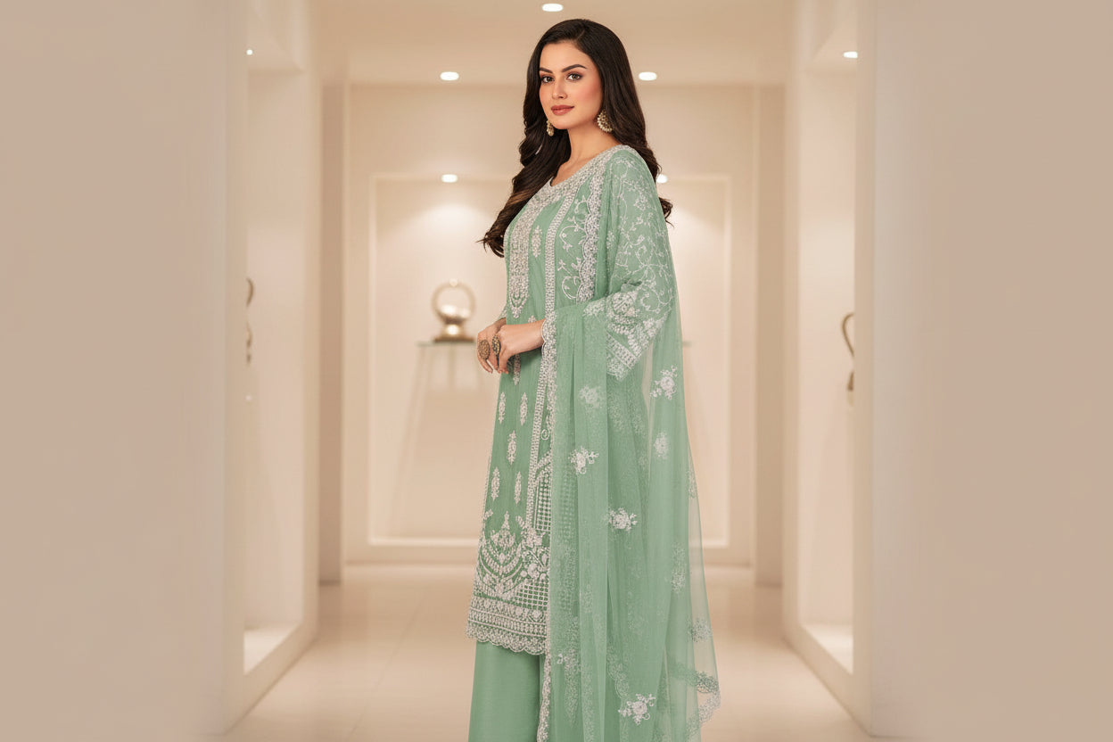 Elegant Green Embroidered Net Suit with Palazzo & Dupatta – Party & Festive Wear