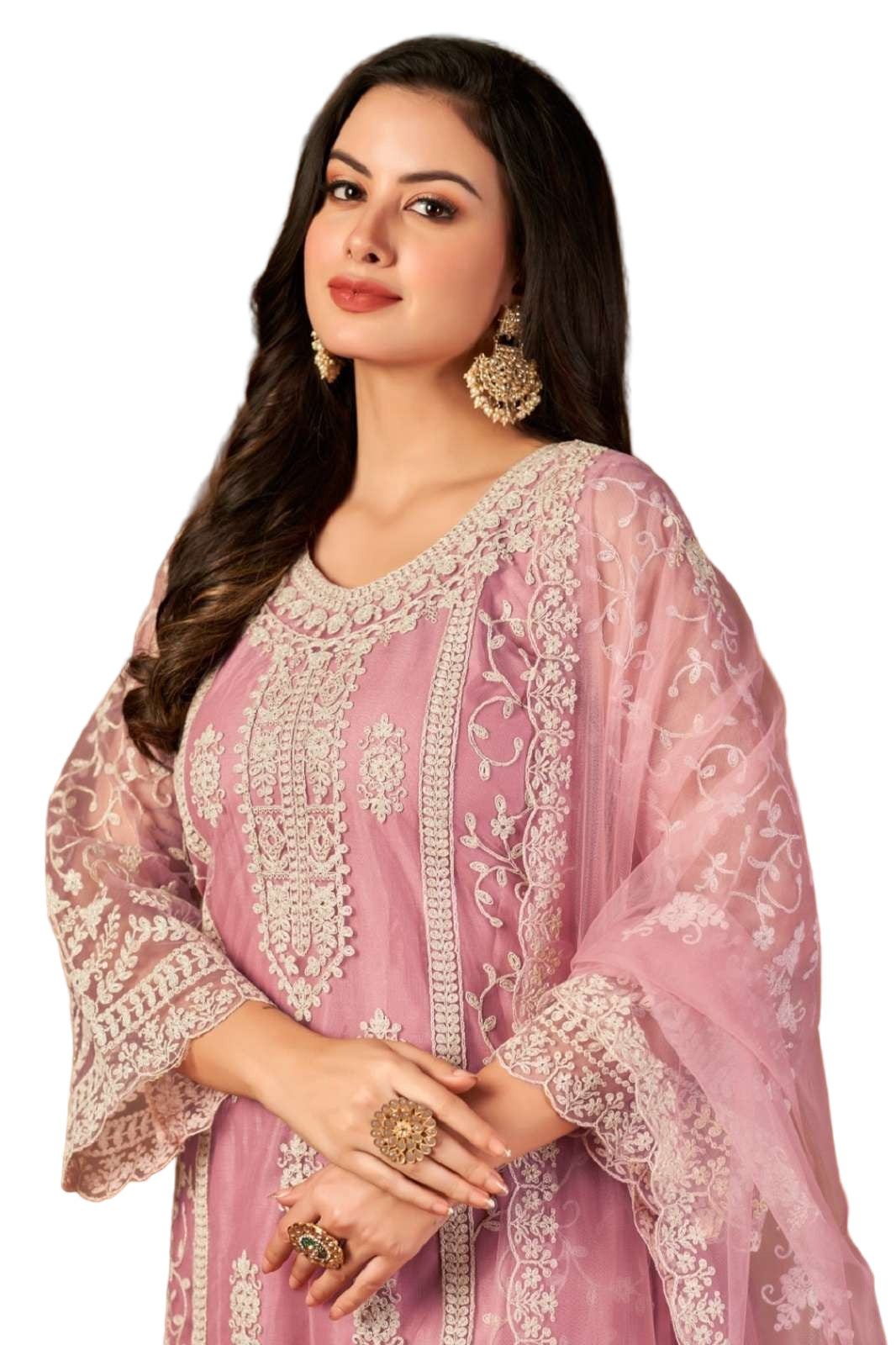 Elegant Mauve Net Suit with Heavy Embroidery & Dupatta – Festive & Wedding Wear