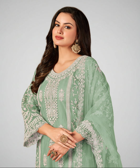 Elegant Green Embroidered Net Suit with Palazzo & Dupatta – Party & Festive Wear