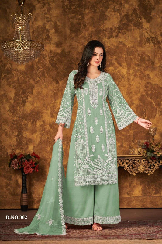 Elegant Green Embroidered Net Suit with Palazzo & Dupatta – Party & Festive Wear