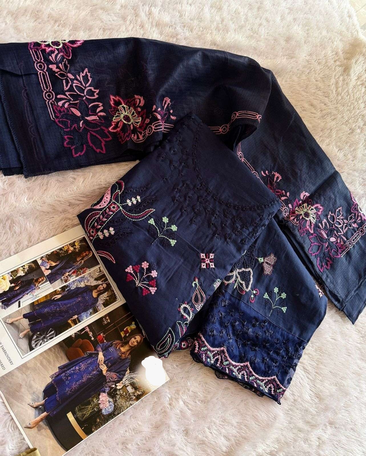 Navy Blue Embroidered Cambric Cotton Suit Set with Dupatta (Unstitched 3 Piece Pakistani Style)