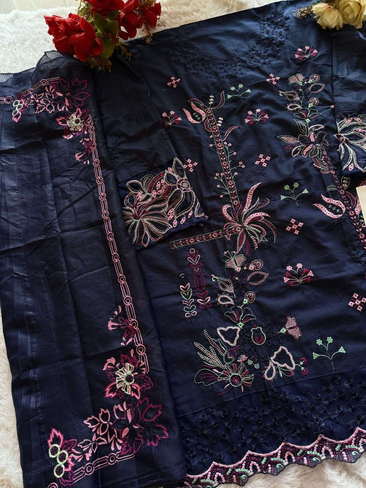 Navy Blue Embroidered Cambric Cotton Suit Set with Dupatta (Unstitched 3 Piece Pakistani Style)