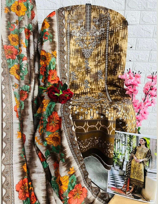 Earthy Elegance: Beige & Brown Cotton Salwar Kameez with Tie-Dye Dupatta