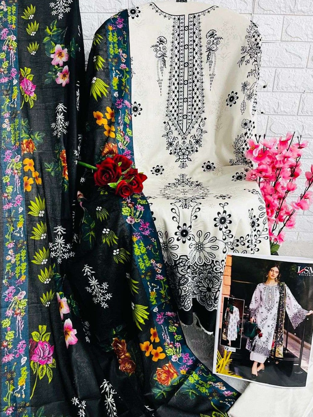 Ivory Noir – Black & White Heavy Lawn Suit with Printed Dupatta