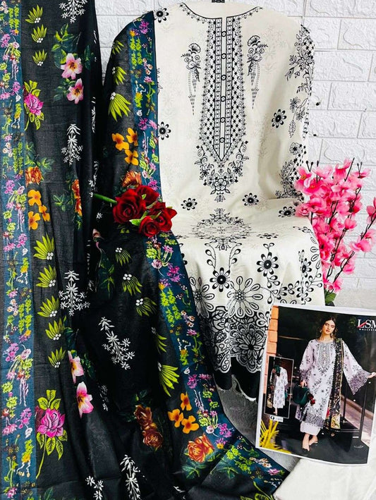 Ivory Noir – Black & White Heavy Lawn Suit with Printed Dupatta