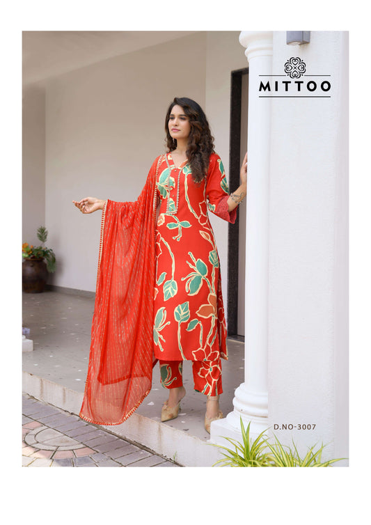 Bold Red & Green Floral Printed Rayon Kurti Set | Traditional Ethnic Wear with Handwork & Naznin Dupatta