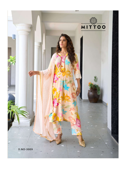 Pastel Cream Multicolor Floral Printed Rayon Kurti Set | Stylish Light Ethnic Suit with Dupatta