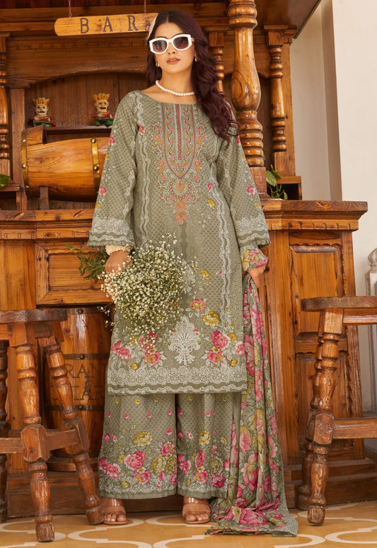 Elegant Sage Floral Unstitched Cotton Dress Material Set