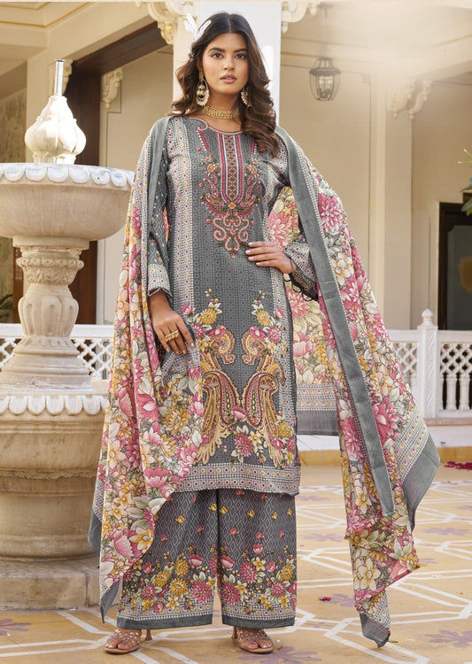 Sophisticated Grey Floral Unstitched Cotton Dress Material Set