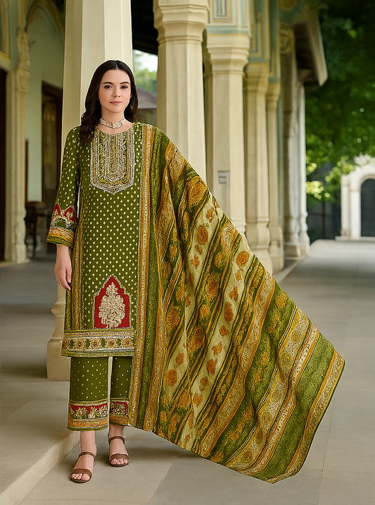 Olive Green Cotton Suit with Zarkan Work – Unstitched Premium Ethnic Wear