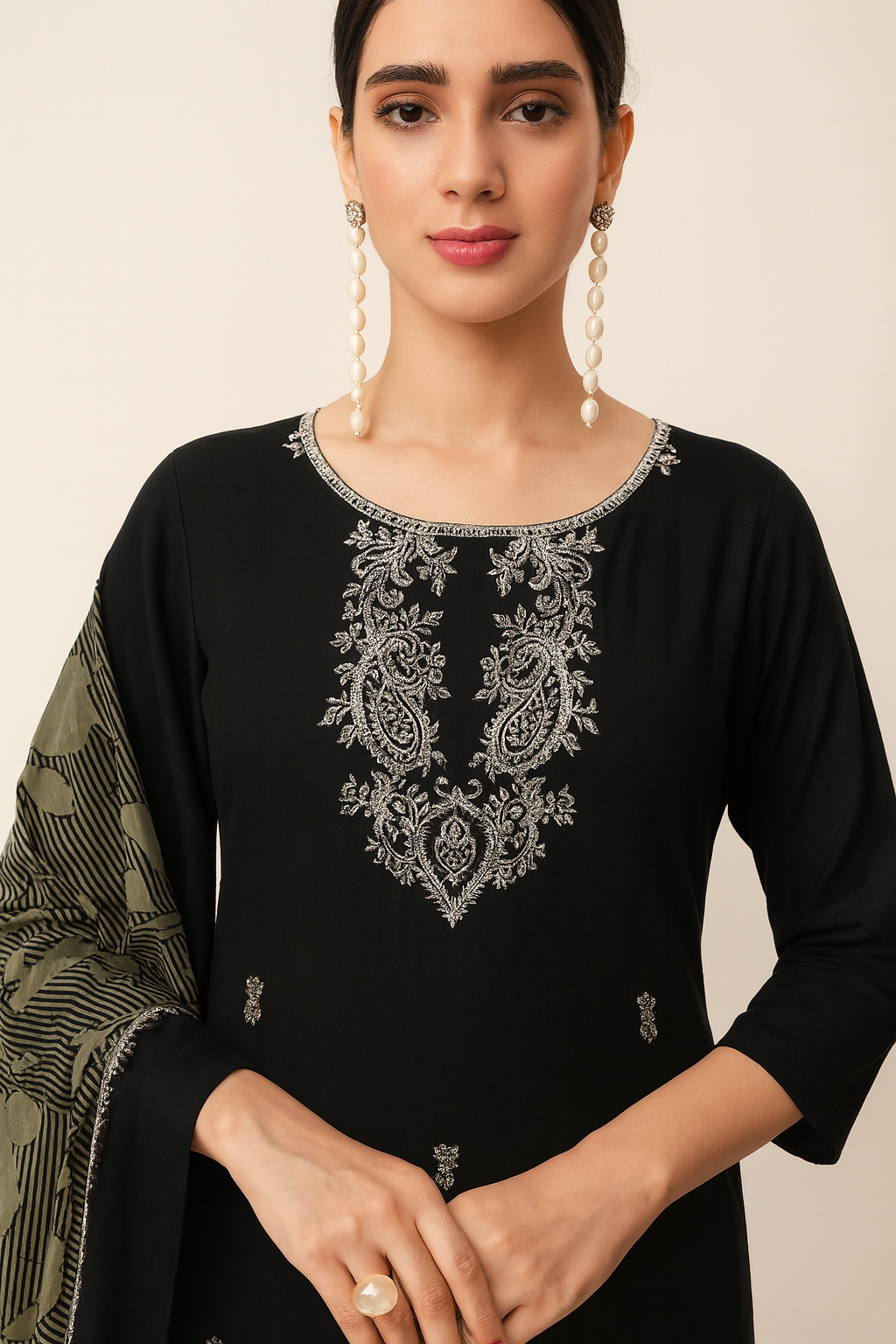 Unstitched Black Rayon Suit with Sequin Embroidery, Daman Lace & Printed Dupatta – 3 Piece Dress Material