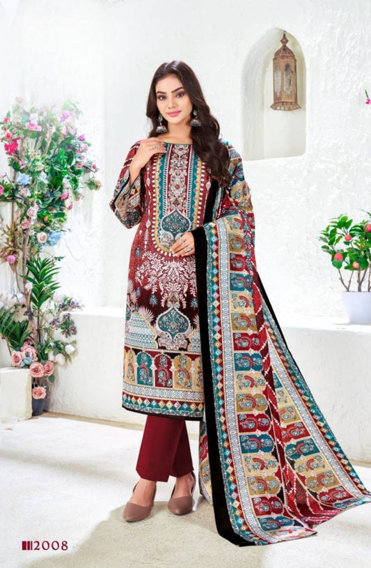 Maroon Printed Pakistani Cotton Suit – Unstitched Dress Set
