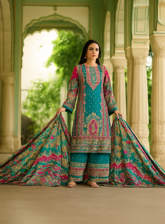 Teal Blue Unstitched Cotton Suit with Zarkan Work & Printed Mal Mal Dupatta