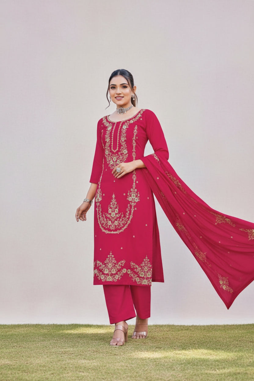 Premium Rayon Unstitched Dress Material With Worked Dupatta