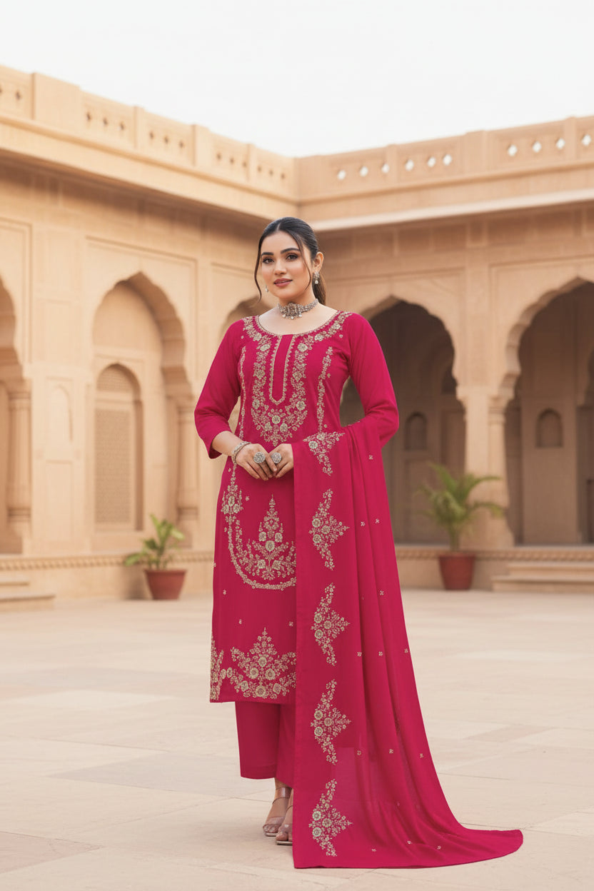 Premium Rayon Unstitched Dress Material With Worked Dupatta