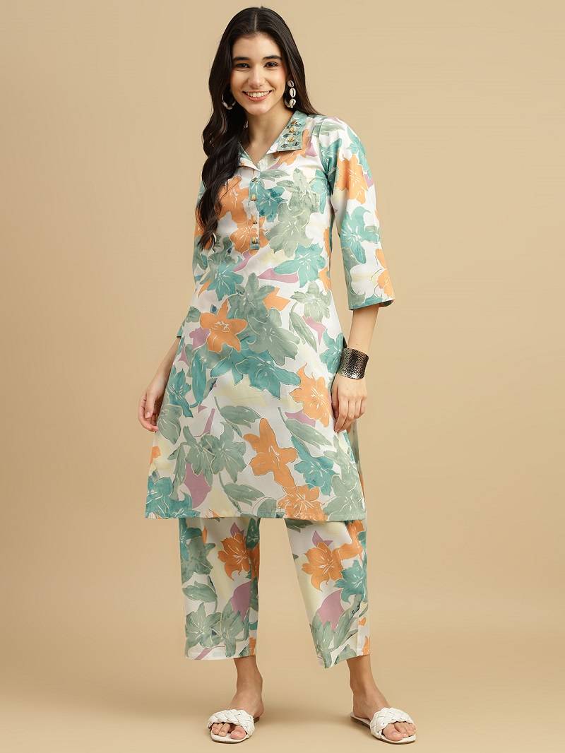 Women’s Green & Orange Floral Print Coord Set – Collar Neck Kurta with Pants