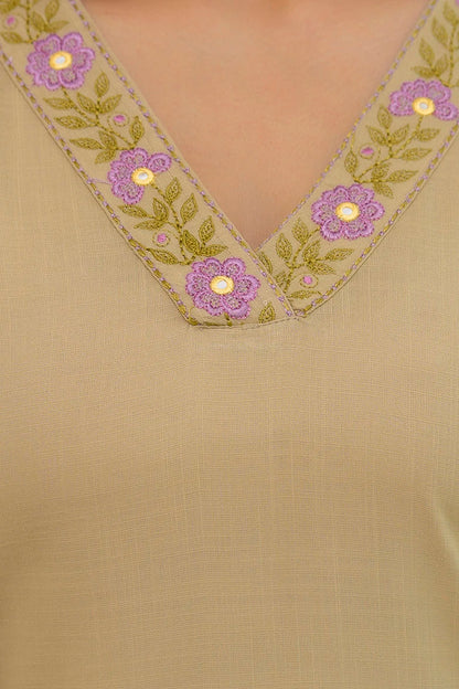 Beige Cotton Kurti Set with Floral Embroidery & Mirror Work | The Raaz Closet