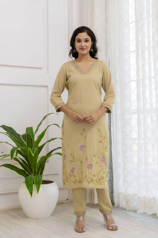 Beige Cotton Kurti Set with Floral Embroidery & Mirror Work | The Raaz Closet
