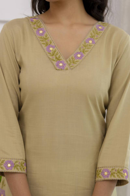 Beige Cotton Kurti Set with Floral Embroidery & Mirror Work | The Raaz Closet