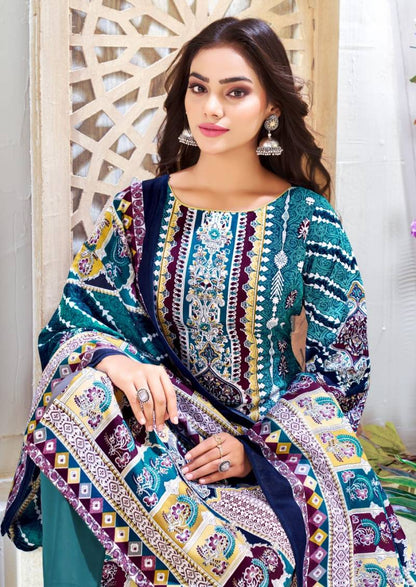 Premium Blue Pakistani Digital Print Unstitched Cotton Suit Set for Women