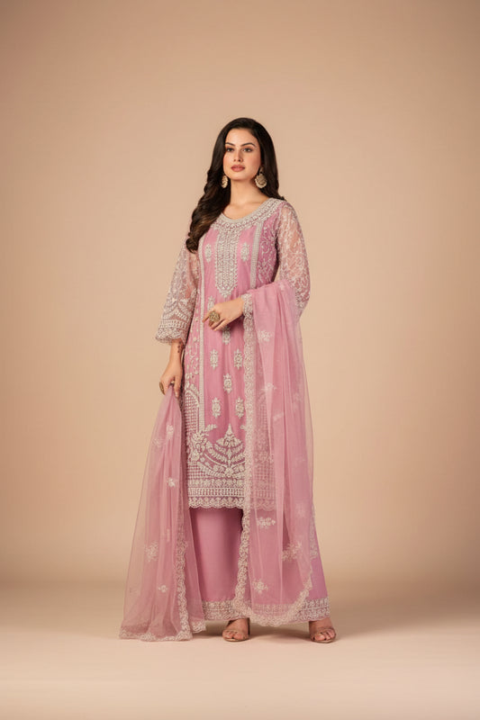 Elegant Mauve Net Suit with Heavy Embroidery & Dupatta – Festive & Wedding Wear
