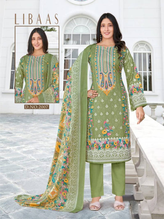 Elegant Green Cotton Printed Unstitched  Suit for Women
