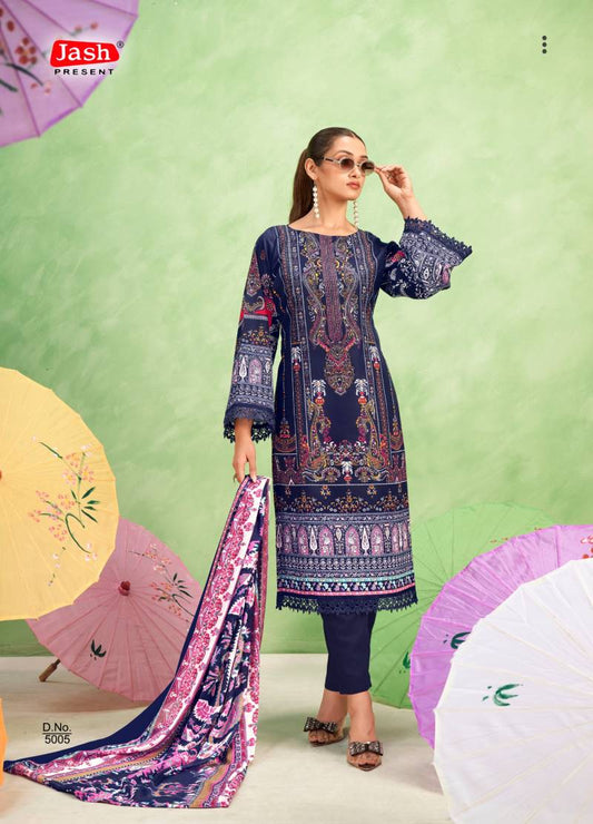 Elegant Navy Blue Printed Cotton Mix Salwar Suit Set for Women – Unstitched Top, Bottom & Dupatta
