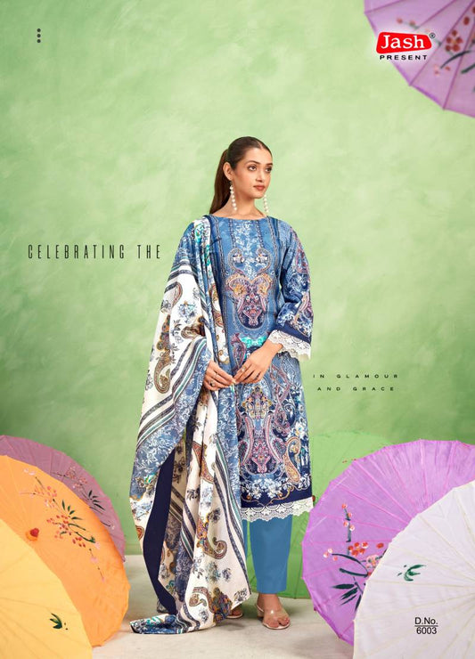 Stylish Blue Printed Cotton Mix Salwar Suit Set for Women – Unstitched Top, Bottom & Dupatta