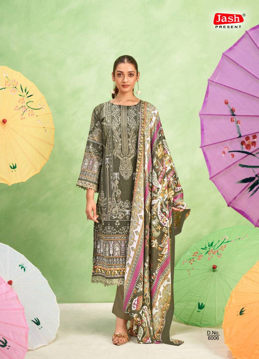 Olive Green Printed Cotton Mix Salwar Suit Set for Women – Unstitched Top, Bottom & Dupatta
