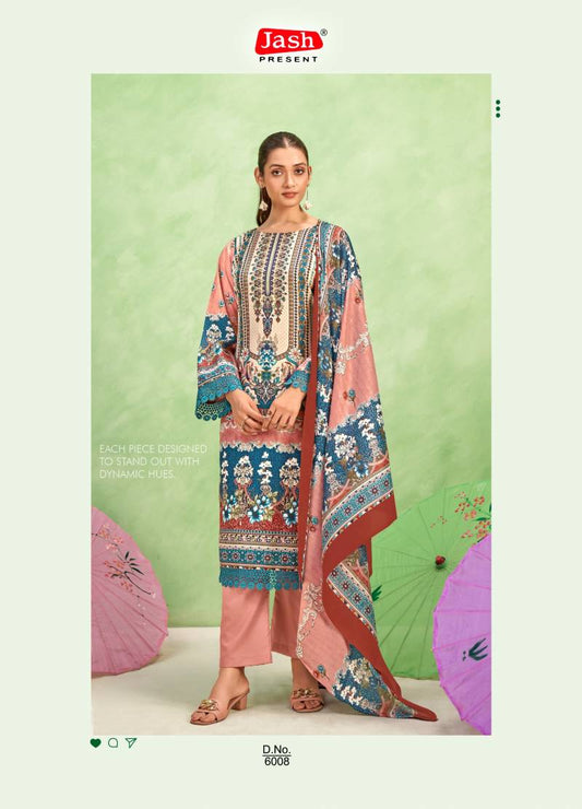 Peach & Blue Printed Cotton Mix Salwar Suit Set for Women – Unstitched Top, Bottom & Dupatta