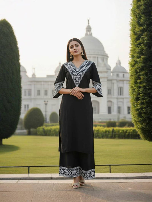 Black Georgette Kachhi Worked Kurti With Matching Bottom