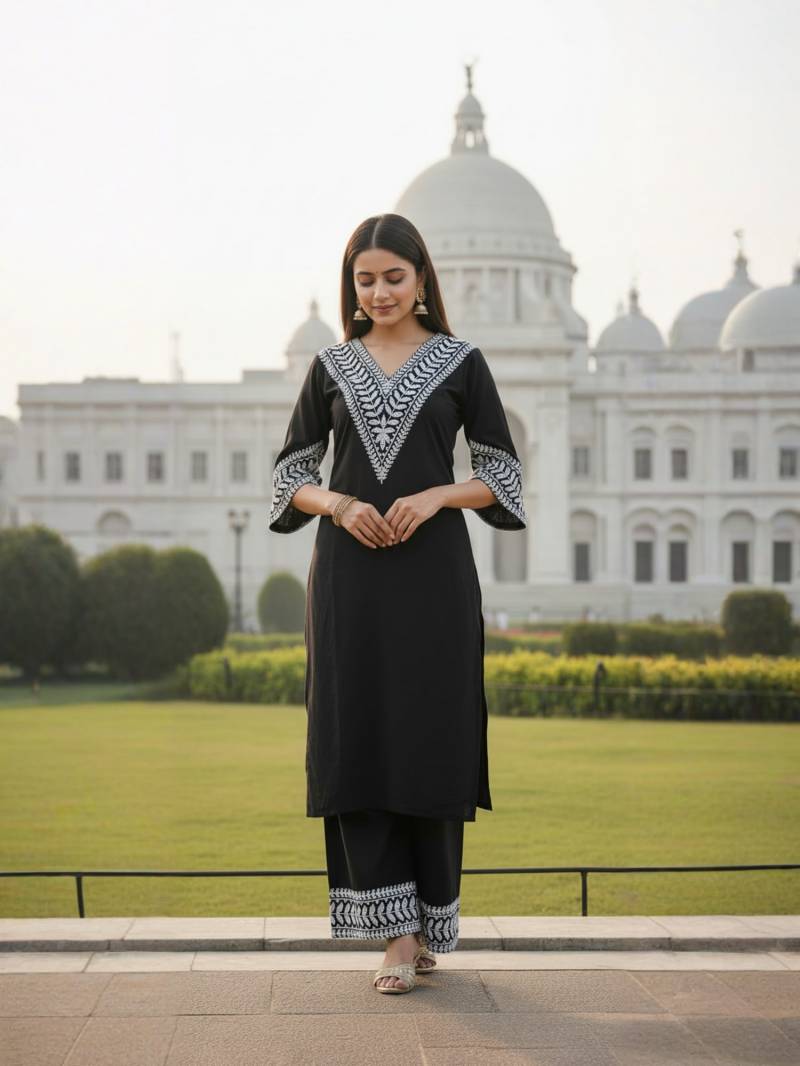 Black Georgette Kachhi Worked Kurti With Matching Bottom