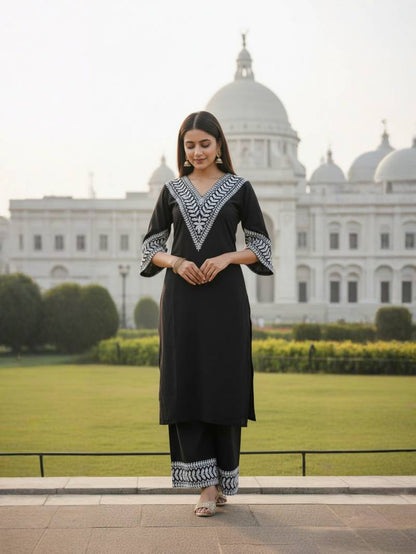 Black Georgette Kachhi Worked Kurti With Matching Bottom
