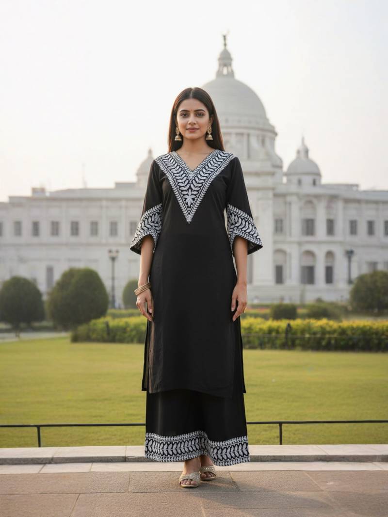 Black Georgette Kachhi Worked Kurti With Matching Bottom