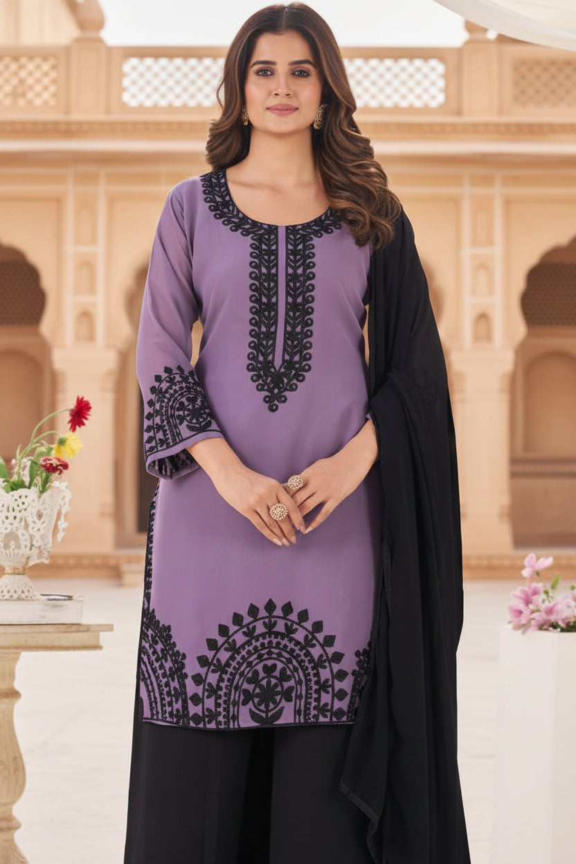 Black Forest Georgette Threadwork Kurti Pant And Dupatta