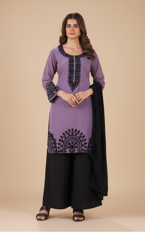 Black Forest Georgette Threadwork Kurti Pant And Dupatta