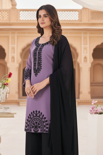 Black Forest Georgette Threadwork Kurti Pant And Dupatta
