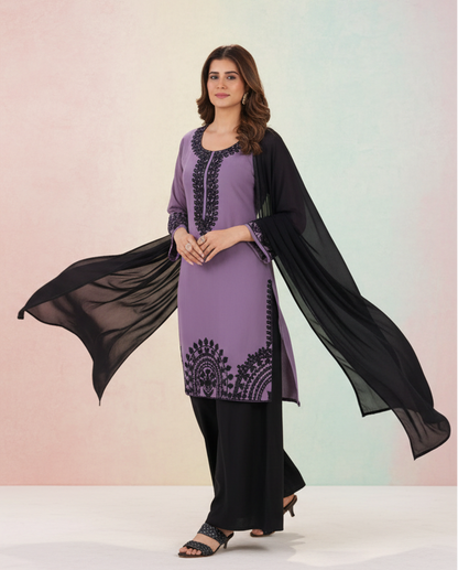 Black Forest Georgette Threadwork Kurti Pant And Dupatta
