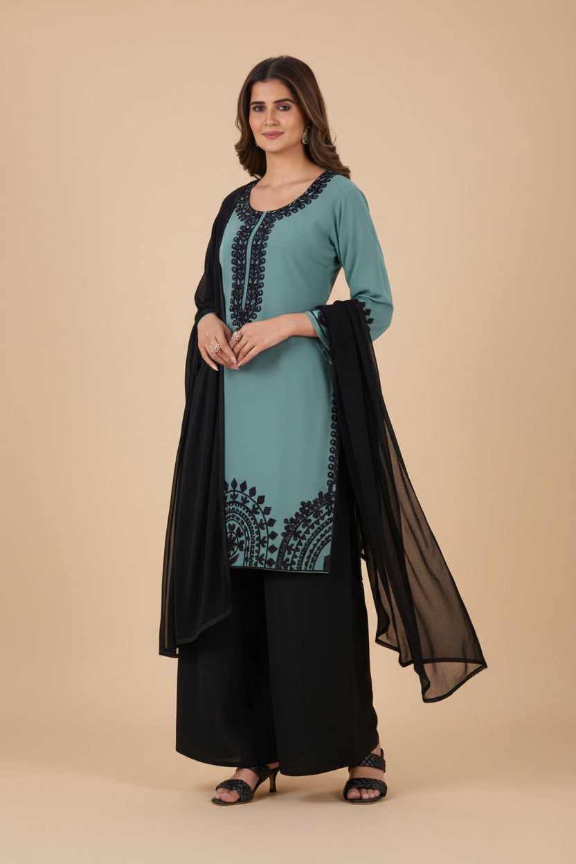 Black Forest Georgette Threadwork Kurti Pant And Dupatta