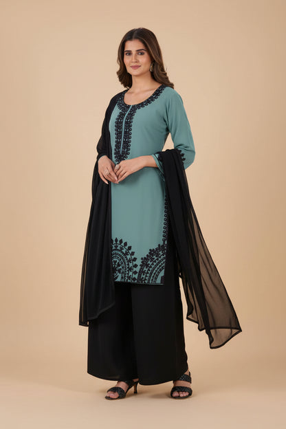 Black Forest Georgette Threadwork Kurti Pant And Dupatta
