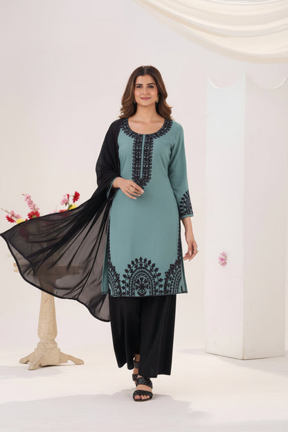 Black Forest Georgette Threadwork Kurti Pant And Dupatta
