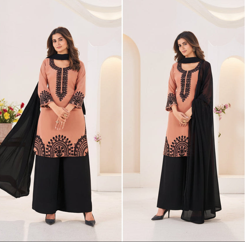 Black Forest Georgette Threadwork Kurti Pant And Dupatta