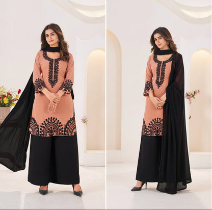 Black Forest Georgette Threadwork Kurti Pant And Dupatta